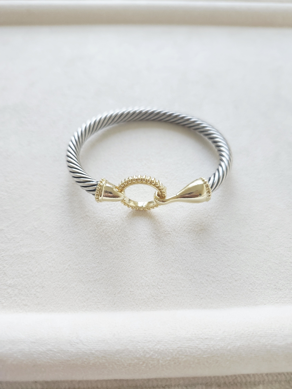 Silver Tone Twisted Cable Cuff Bracelet Gold Tone Hook and Circle Clasp